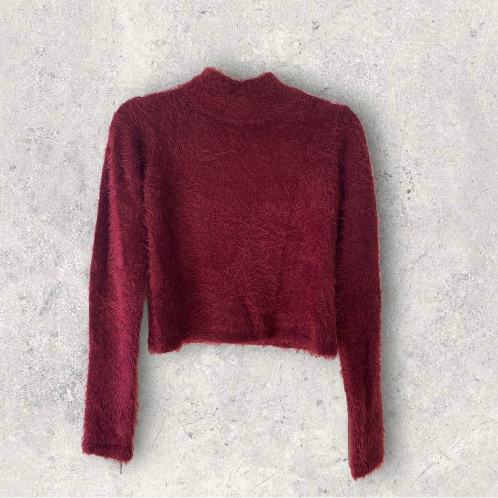 Current Mood Fuzzy Cropped Mock Neck Sweater Shirt Burgundy Red